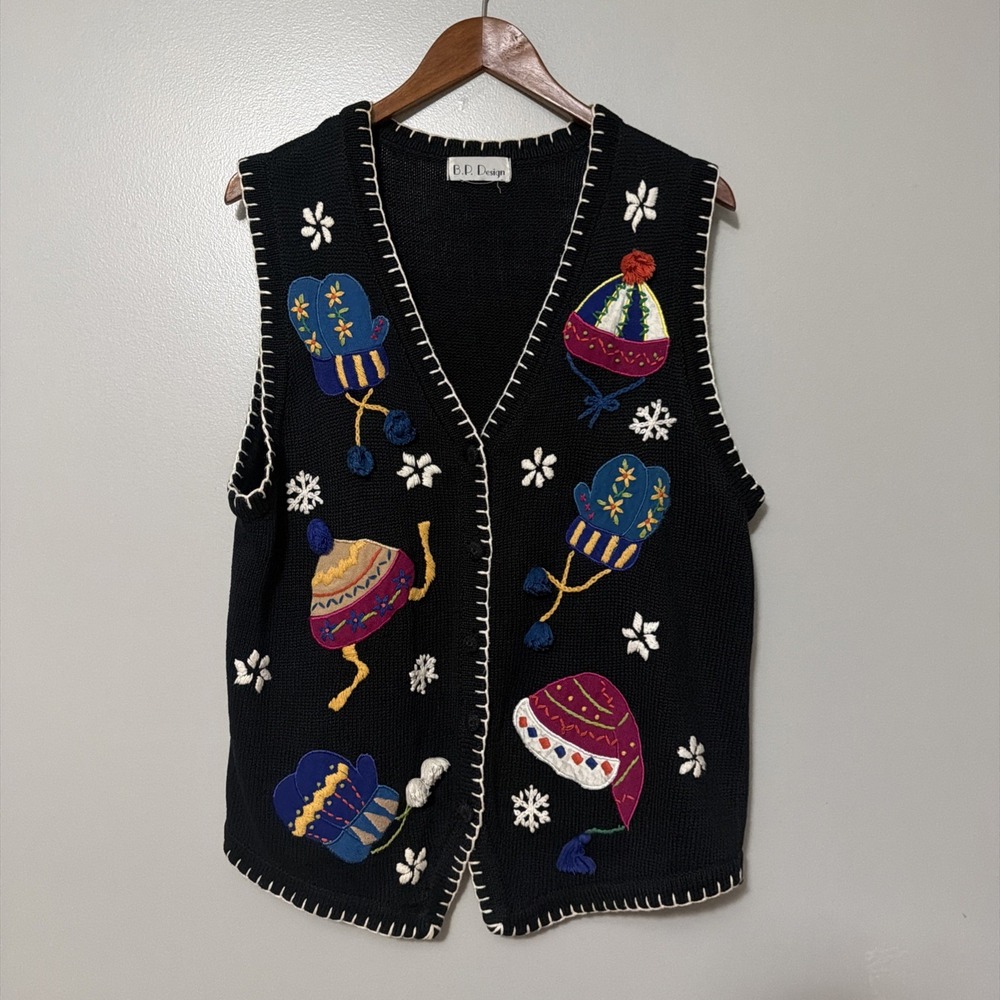 Vtg B.P. Design Winter Holiday Sweater Vest Black Embroidered Mittens Hats Large